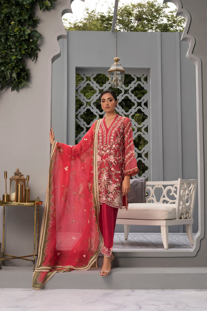 Cherry Embroidered Organza Kurta And Shalwar With Organza Dupatta