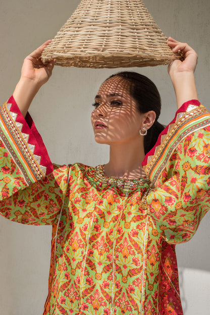 Canary Yellow Printed Box Kurta With Gota Embellishment