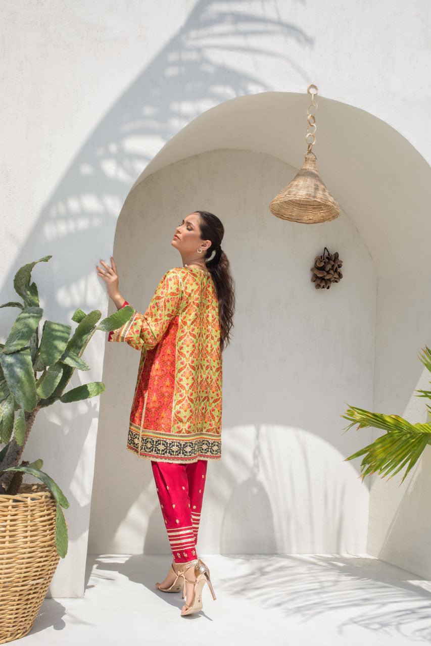 Canary Yellow Printed Box Kurta With Gota Embellishment