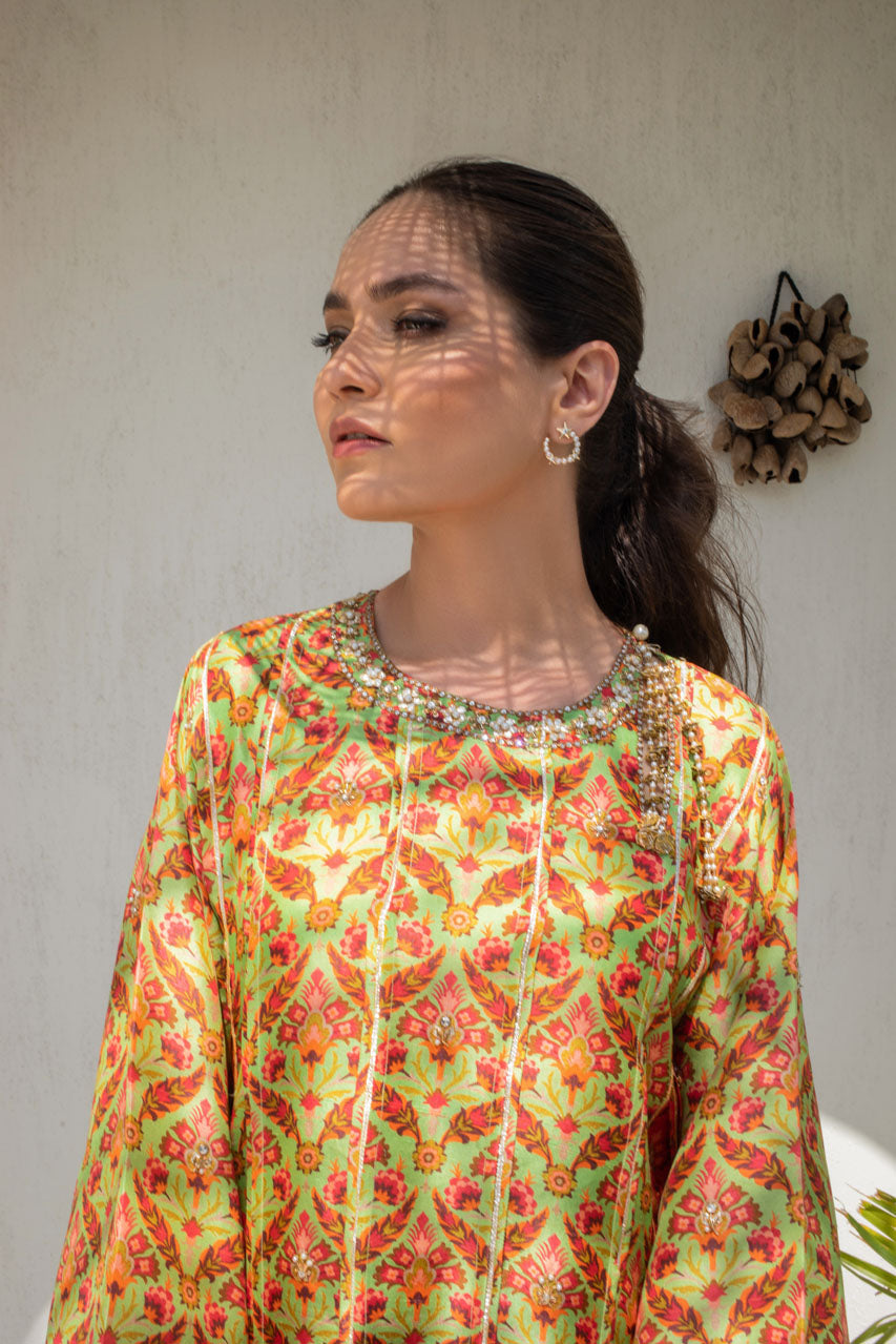 Canary Yellow Printed Box Kurta With Gota Embellishment