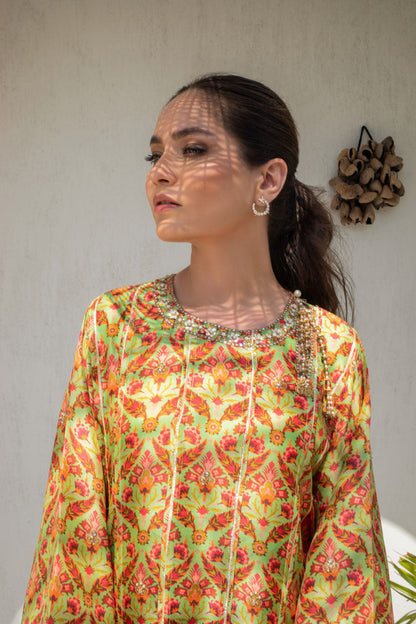 Canary Yellow Printed Box Kurta With Gota Embellishment