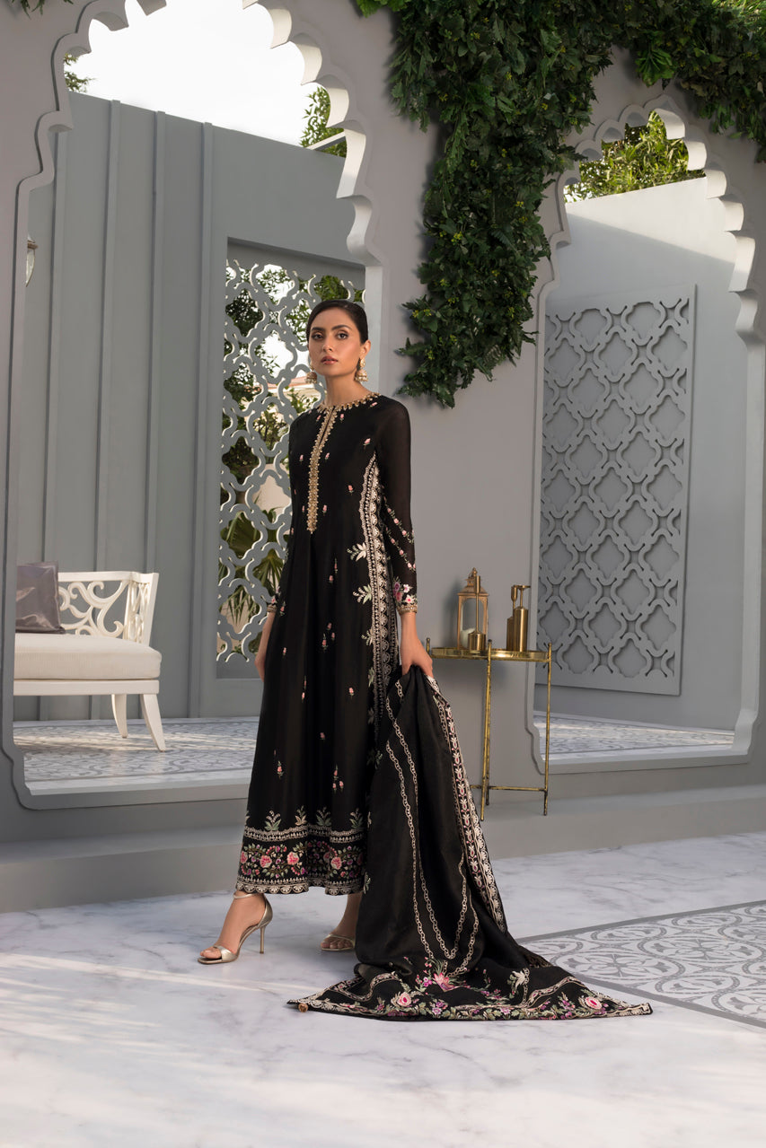 Black Khaddi Silk Embroidered Peshwas And Trouser With Side Slit