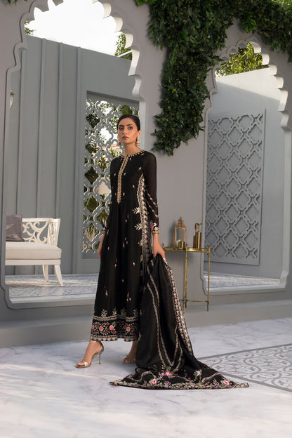 Black Khaddi Silk Embroidered Peshwas And Trouser With Side Slit