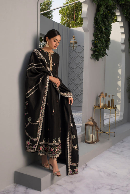 Black Khaddi Silk Embroidered Peshwas And Trouser With Side Slit