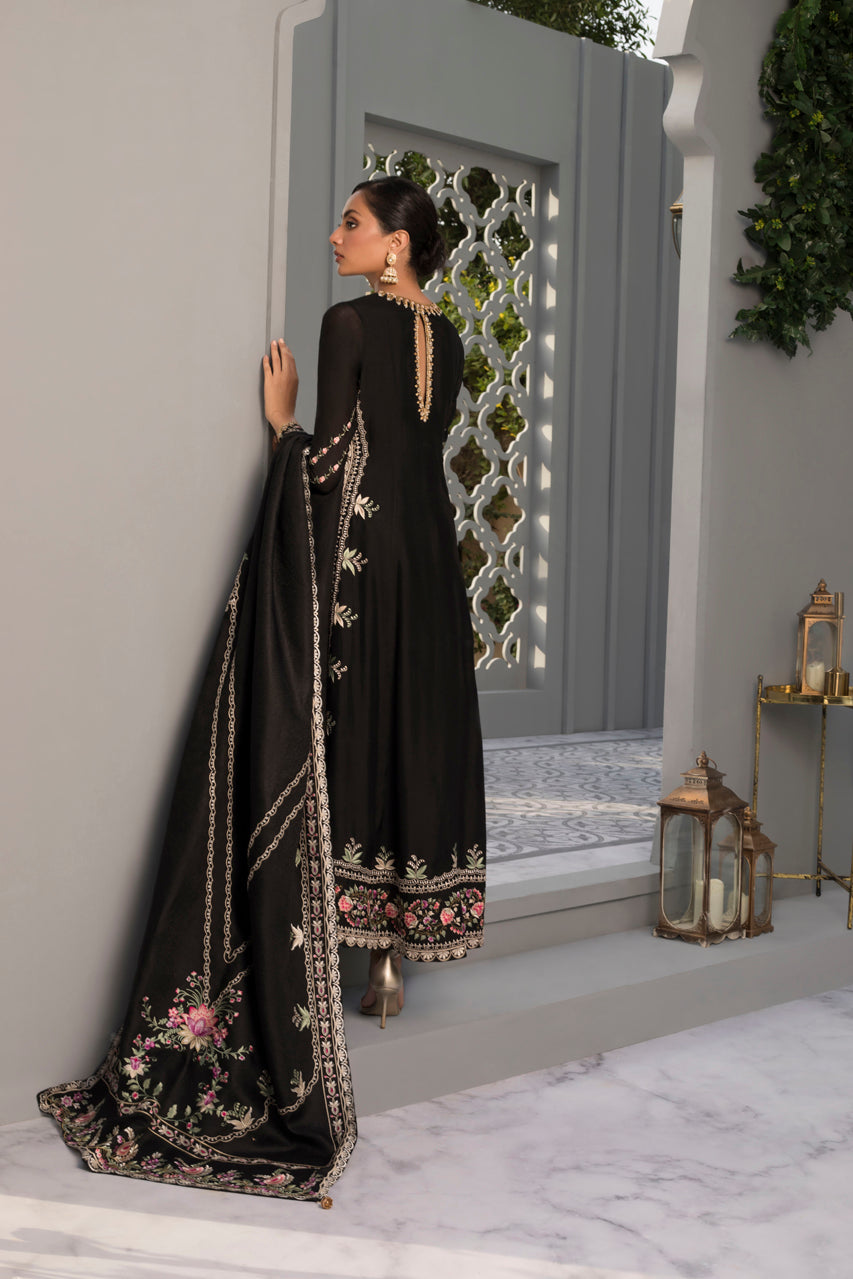 Black Khaddi Silk Embroidered Peshwas And Trouser With Side Slit