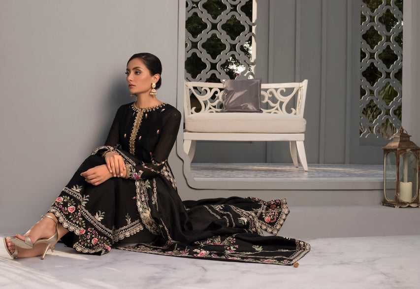 Black Khaddi Silk Embroidered Peshwas And Trouser With Side Slit