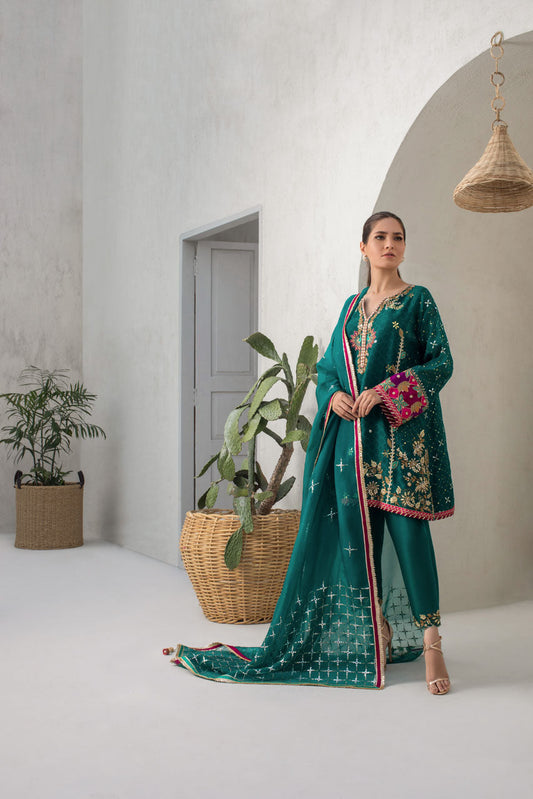 Pepper Green Cotton Net Kurta With Kamdani Detailing