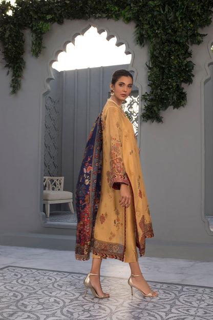 Mustard Printed Cotton Net Shirt & Trouser With Dupatta