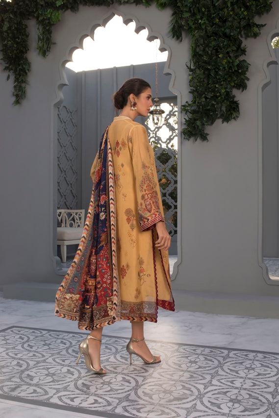 Mustard Printed Cotton Net Shirt & Trouser With Dupatta