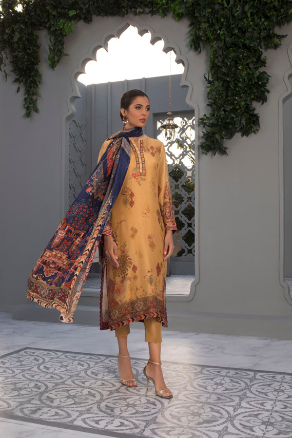 Mustard Printed Cotton Net Shirt & Trouser With Dupatta