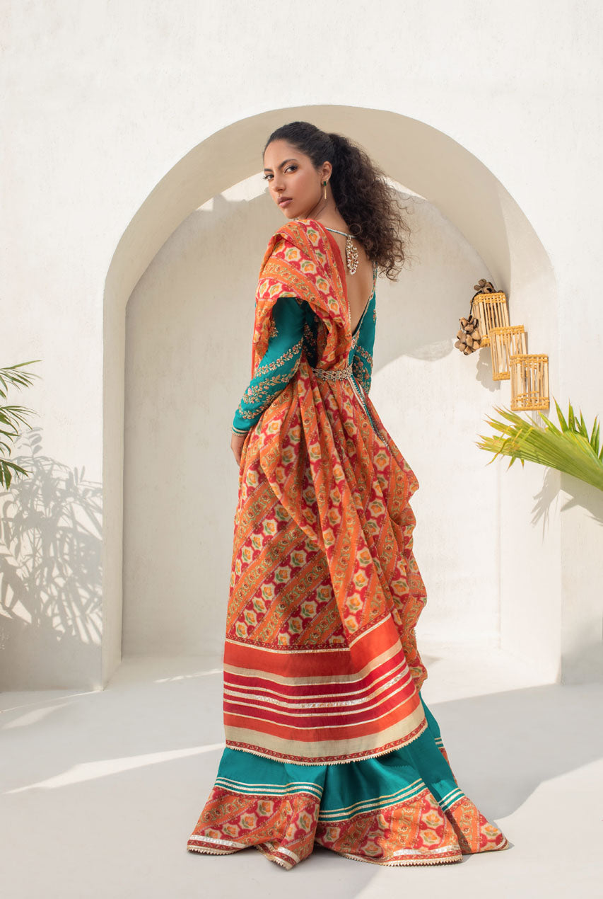 Turqouise Khaddi Silk Peshwas With Printed Khaddi Silk Dupatta