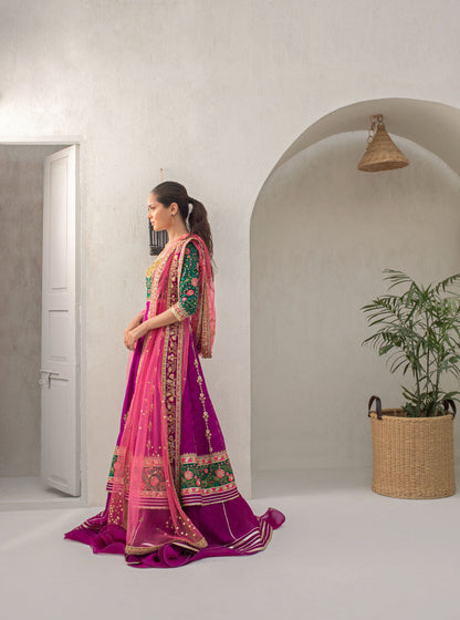 Parrot Green And Fuschia Worked Peshwas With Dusty Pink Net Dupatta