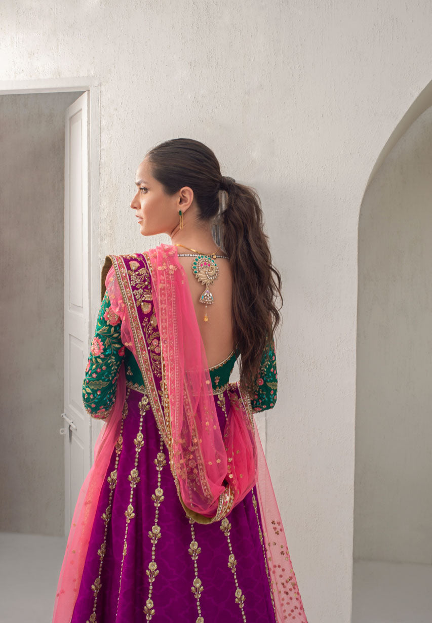 Parrot Green And Fuschia Worked Peshwas With Dusty Pink Net Dupatta