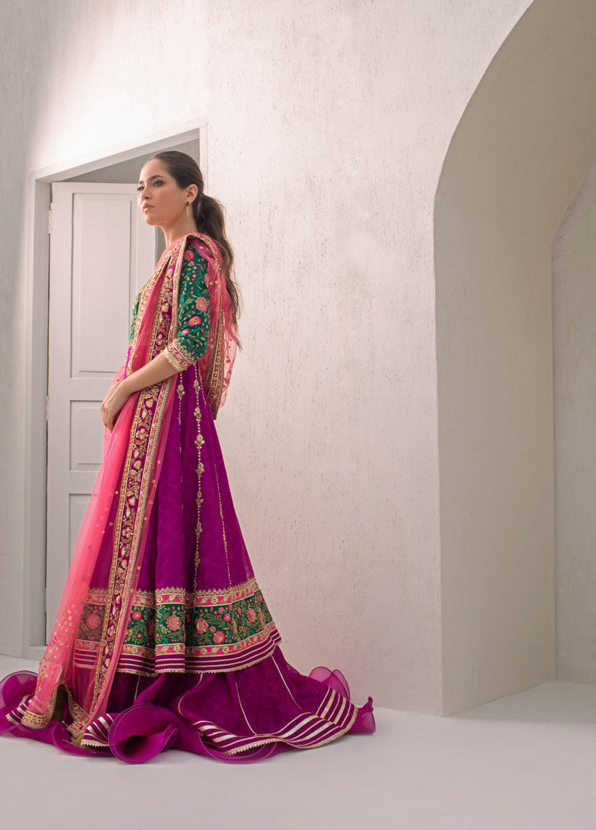 Parrot Green And Fuschia Worked Peshwas With Dusty Pink Net Dupatta