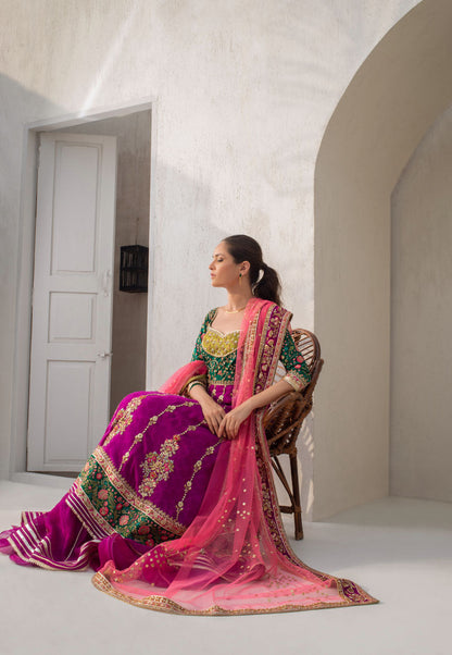 Parrot Green And Fuschia Worked Peshwas With Dusty Pink Net Dupatta