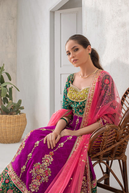 Parrot Green And Fuschia Worked Peshwas With Dusty Pink Net Dupatta