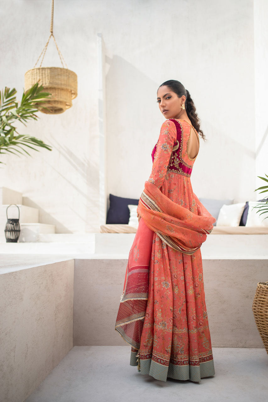 Coral Printed Khaddi Silk Worked Peshwas With Printed Organza Dupatta