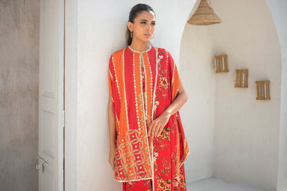 Bright Coral Embellished Khaddi Silk Cape With Printed Draped Sari