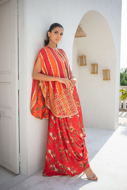 Bright Coral Embellished Khaddi Silk Cape With Printed Draped Sari