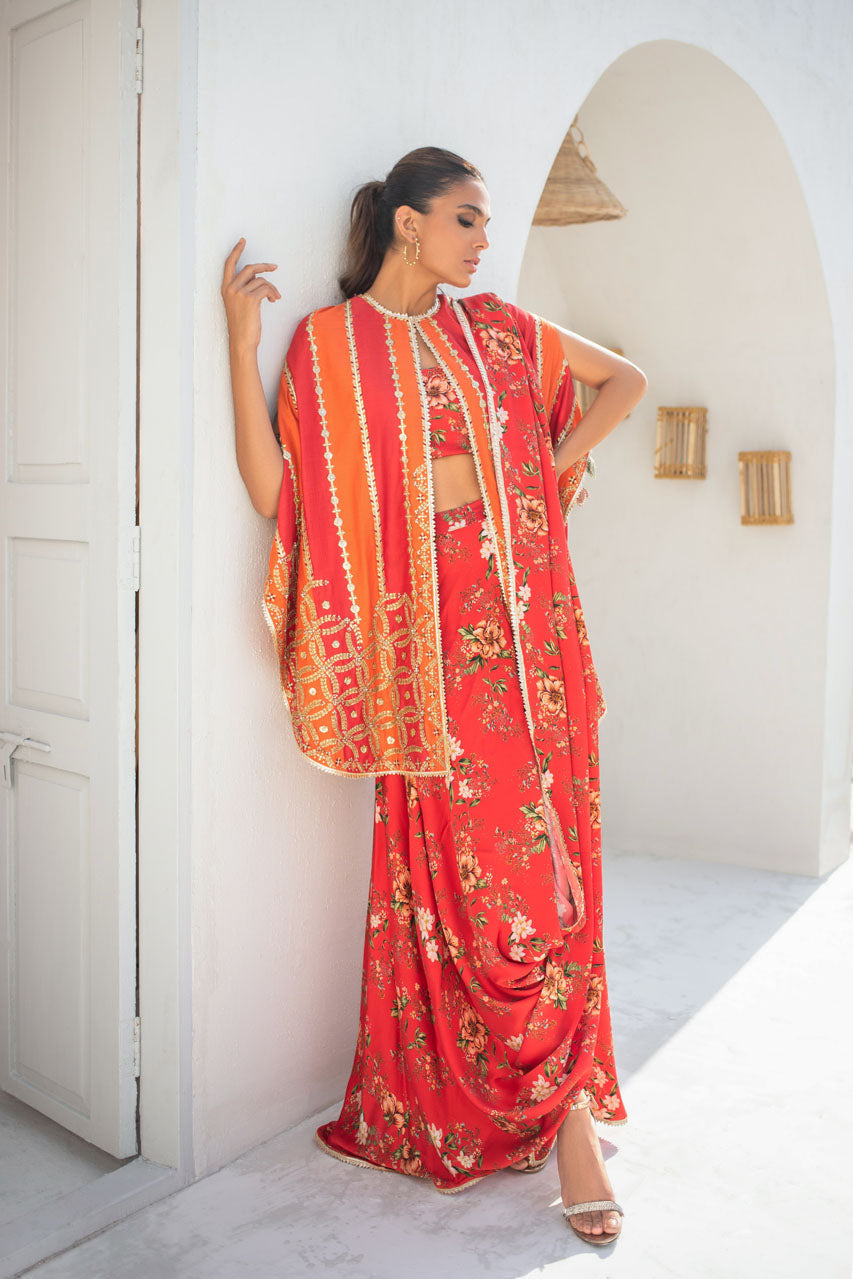 Bright Coral Embellished Khaddi Silk Cape With Printed Draped Sari