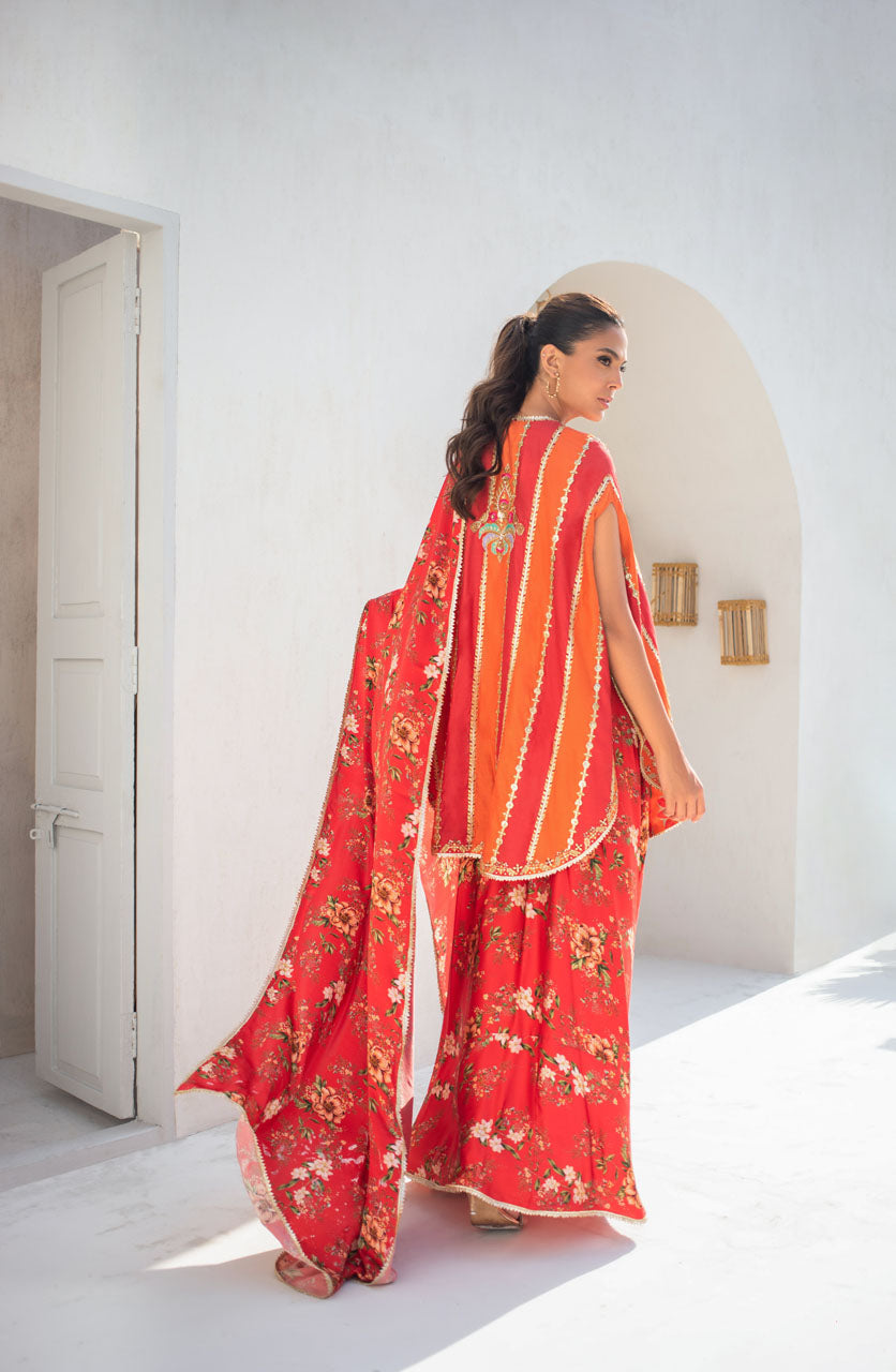 Bright Coral Embellished Khaddi Silk Cape With Printed Draped Sari