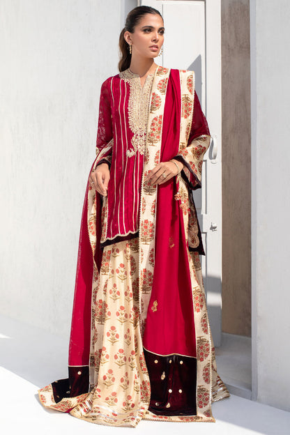 Vermillion Cotton Net Kurta With A Cotton Net And Velvet Stole.