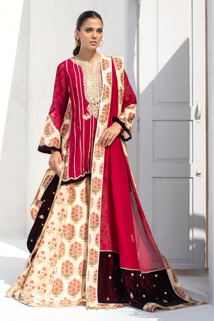 Vermillion Cotton Net Kurta With A Cotton Net And Velvet Stole.