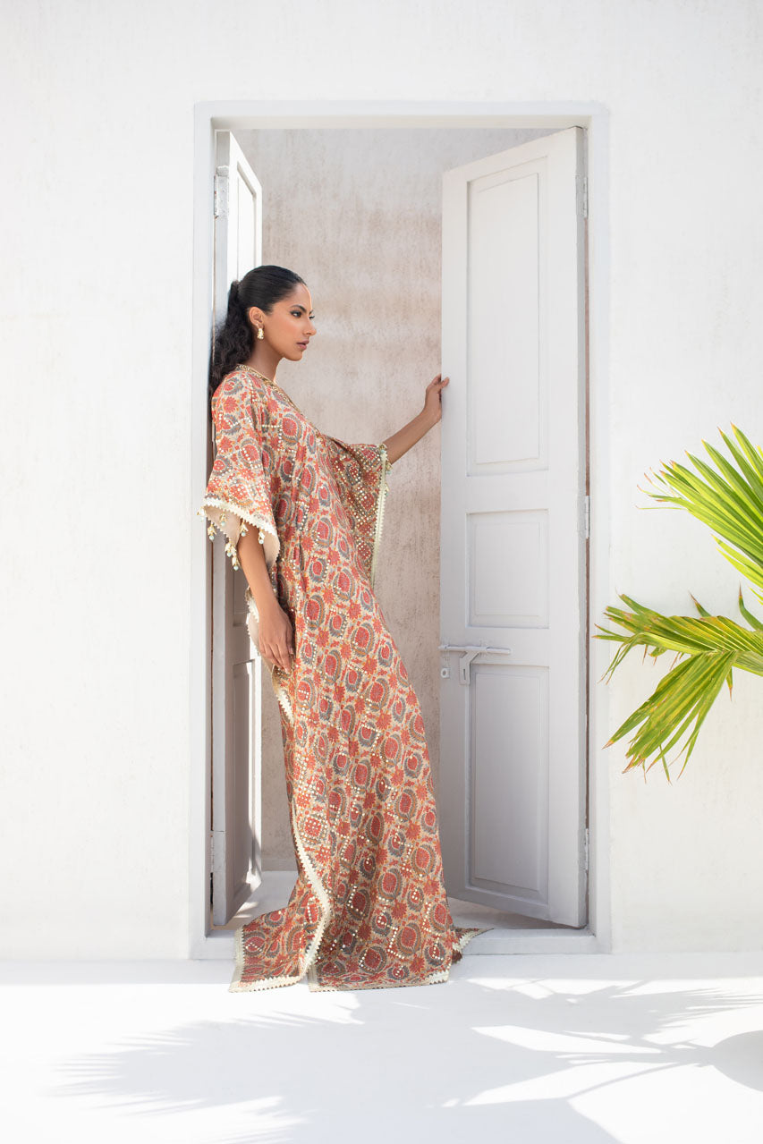 Printed Cotton Net Embellished Kaftan