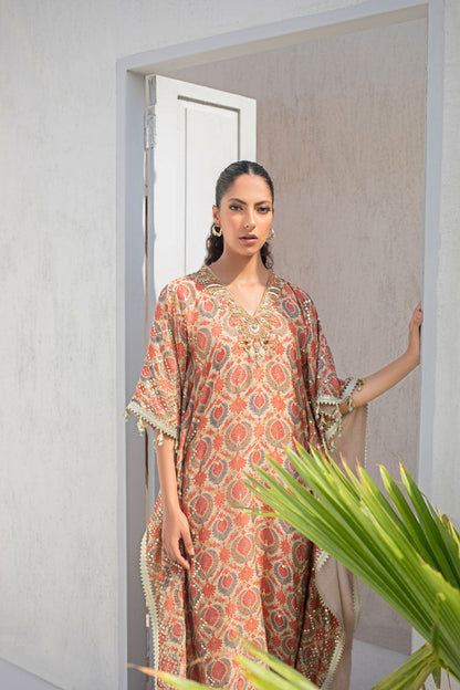 Printed Cotton Net Embellished Kaftan