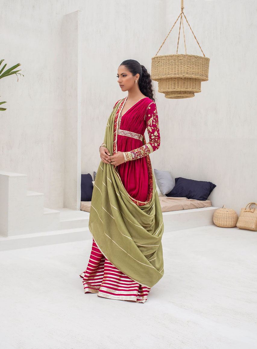 Strawberry Peshwas With Crushed Bodice And Pre-Draped Dupatta