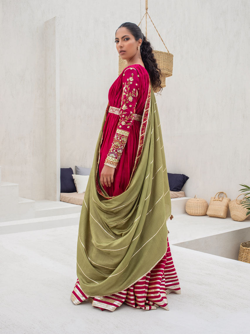 Strawberry Peshwas With Crushed Bodice And Pre-Draped Dupatta