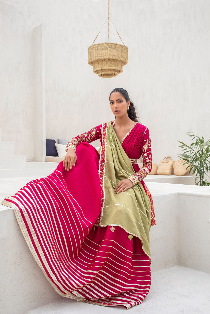 Strawberry Peshwas With Crushed Bodice And Pre-Draped Dupatta