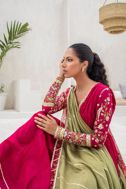 Strawberry Peshwas With Crushed Bodice And Pre-Draped Dupatta