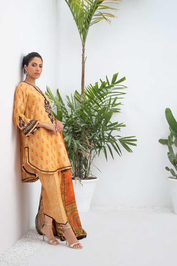 Honey Coloured Printed Silk Kurta & Dupatta with Printed Silk Dupatta