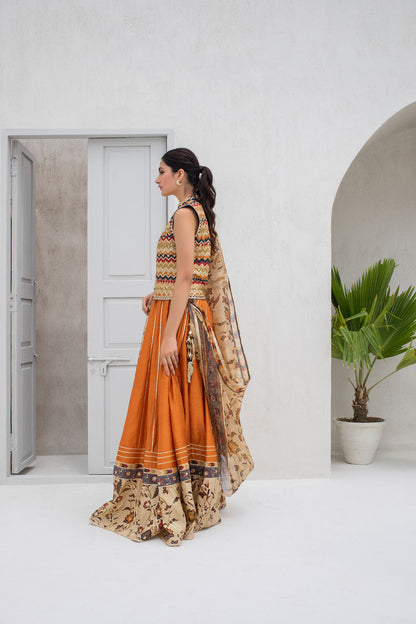 Apricot Khaddi Silk Peshwas With Gota Worked Jacket And Printed Organza Dupatta