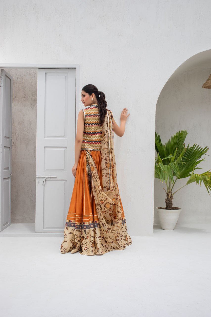 Apricot Khaddi Silk Peshwas With Gota Worked Jacket And Printed Organza Dupatta