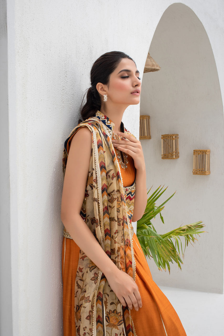 Apricot Khaddi Silk Peshwas With Gota Worked Jacket And Printed Organza Dupatta