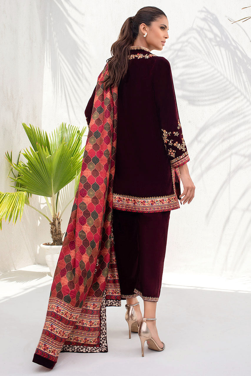 Garnet Velvet Co-Ord Set With Self Jamawar Dupatta