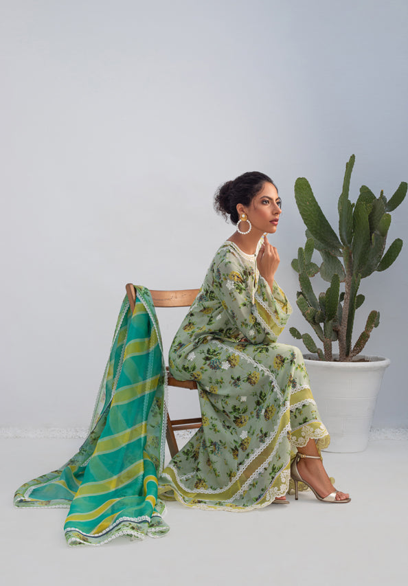 Pistachio Printed Silk Long Shirt with Organza Dupatta