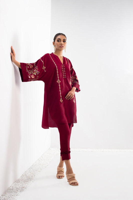 Mulberry Raw Silk Embroidered Kurta And Trouser