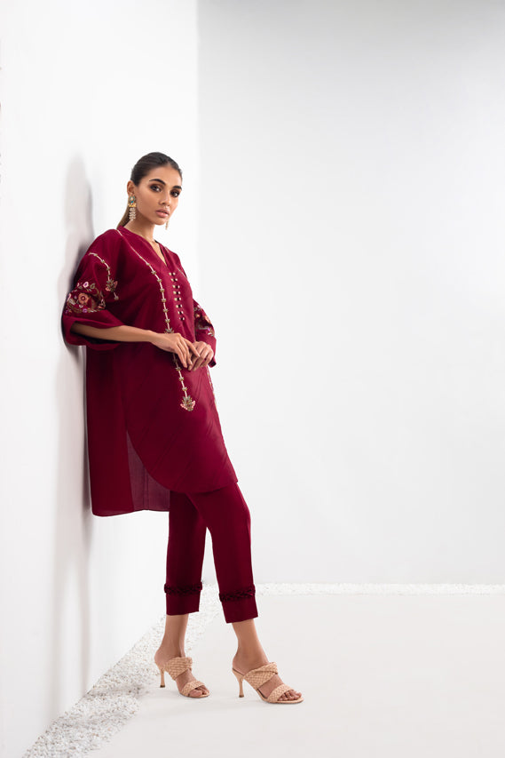 Mulberry Raw Silk Embroidered Kurta And Trouser