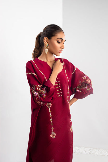 Mulberry Raw Silk Embroidered Kurta And Trouser