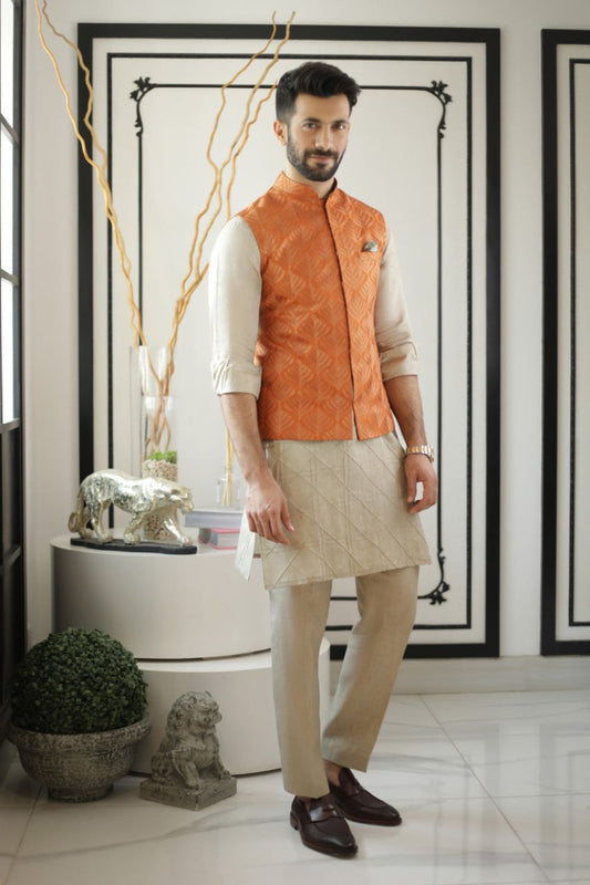 Embroidered Raw Silk Rust Waist Coat With Linen Kurta and trousers