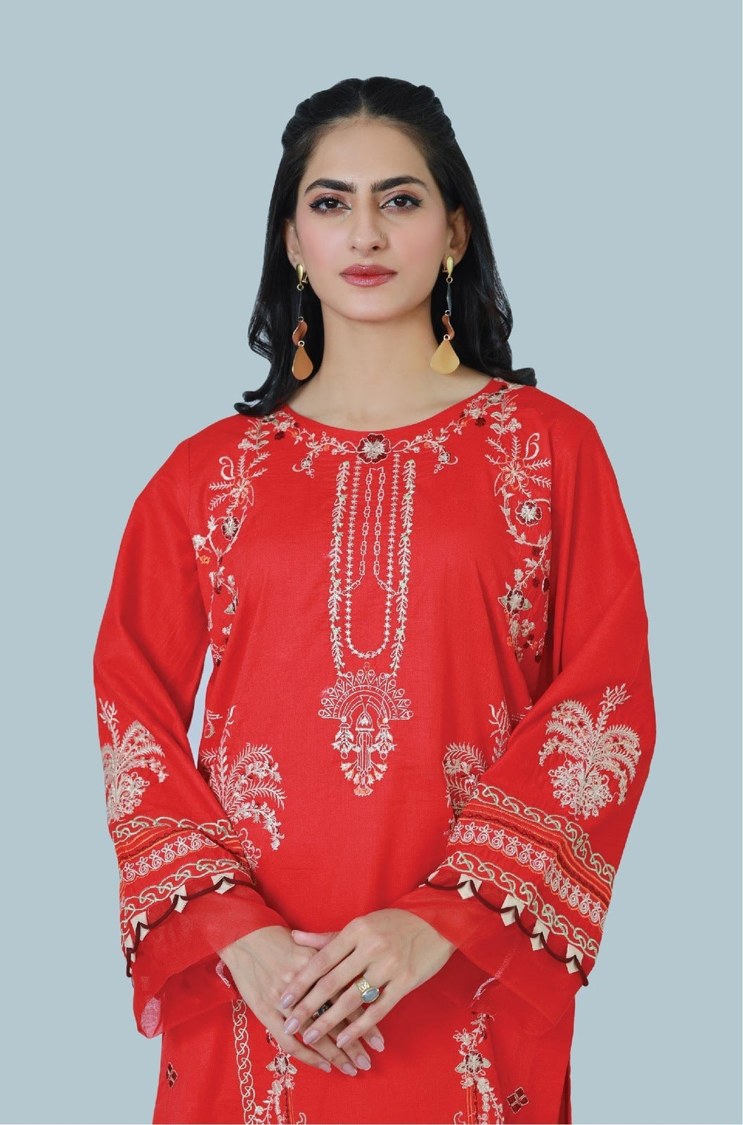 Bareeq Outfits - Raving Red 2-Piece Embroidered Stitched Suit