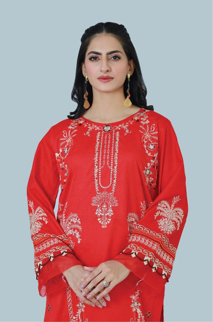 Bareeq Outfits - Raving Red 2-Piece Embroidered Stitched Suit
