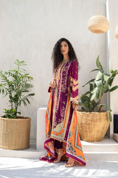 Mulberry Gota Embellished Kurta With Printed Silk Dupatta