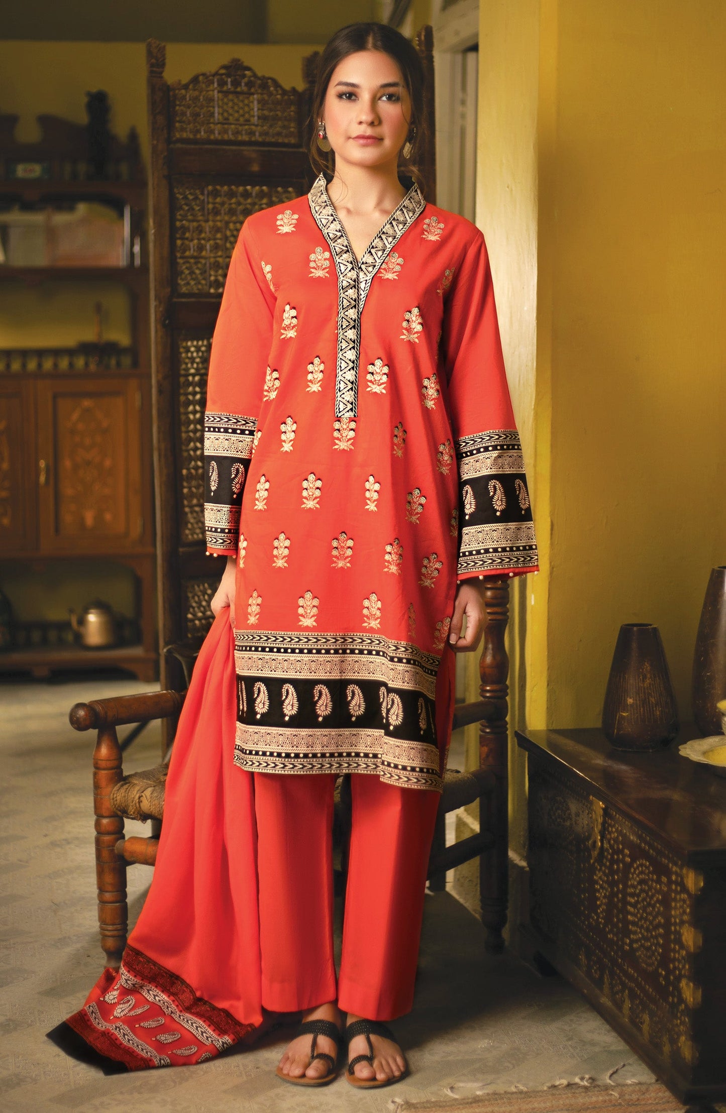 Orient - Unstitched 3 Piece Block Printed Embroidered Suit