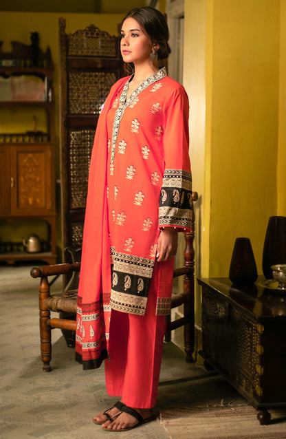 Orient - Unstitched 3 Piece Block Printed Embroidered Suit