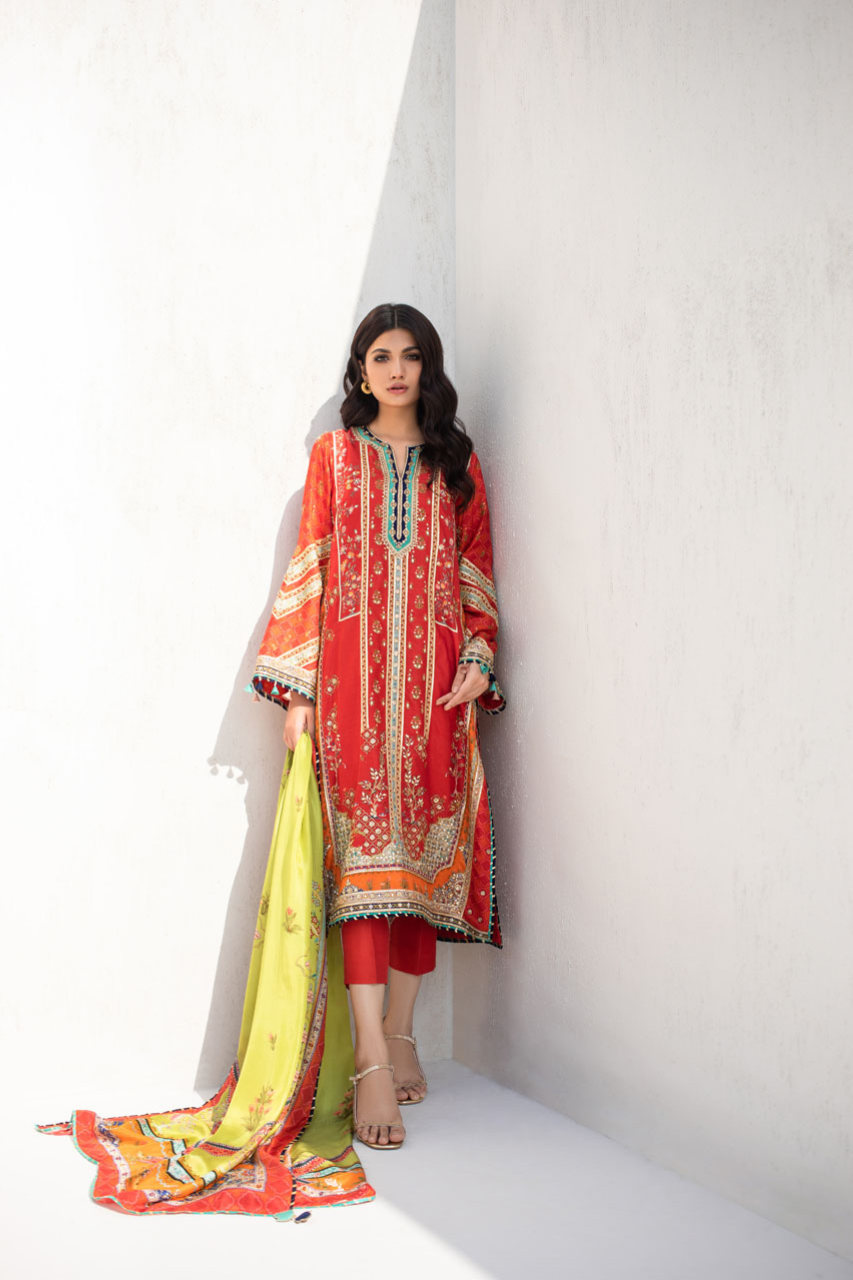 Tangerine Gota Embellished Kurta With Printed Silk Dupatta