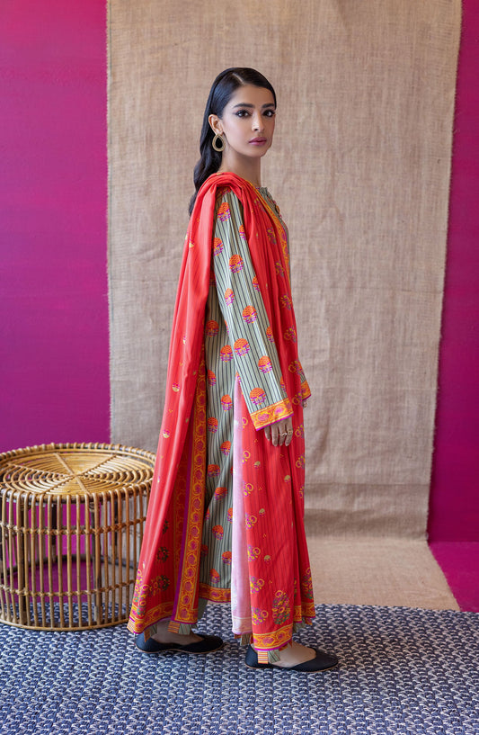 Orient - Unstitched 3 Piece Printed Linen Shirt , Linen Pant and Linen Dupatta